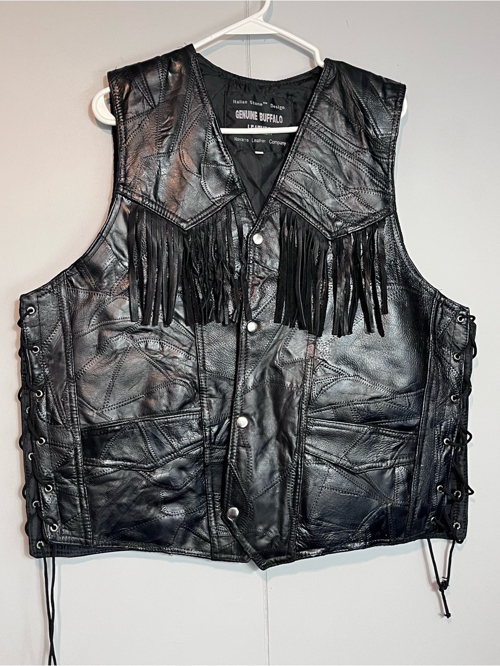 Vintage Italian Stone Design Buffalo Leather Fringe Vest 3X Biker Western